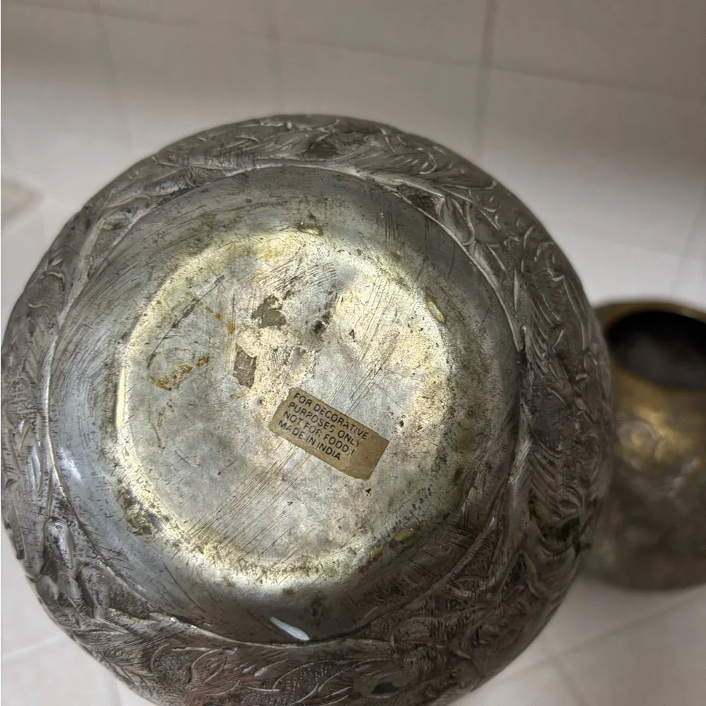 Vintage small round embossed brass vases